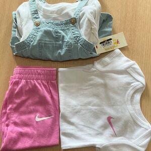 Nike Kids Pink Shorts & White Tee Set with Mint Overalls